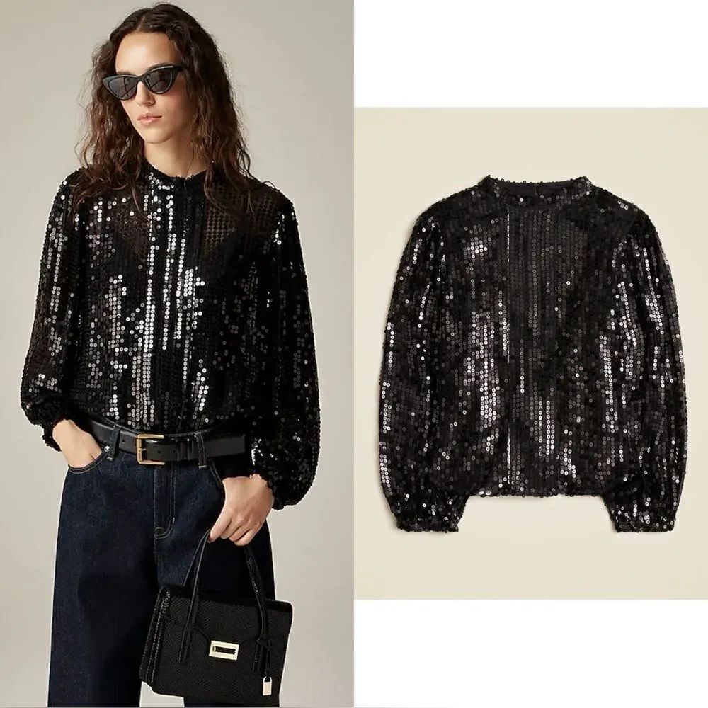 NWT J CREW Sequin mockneck top in black